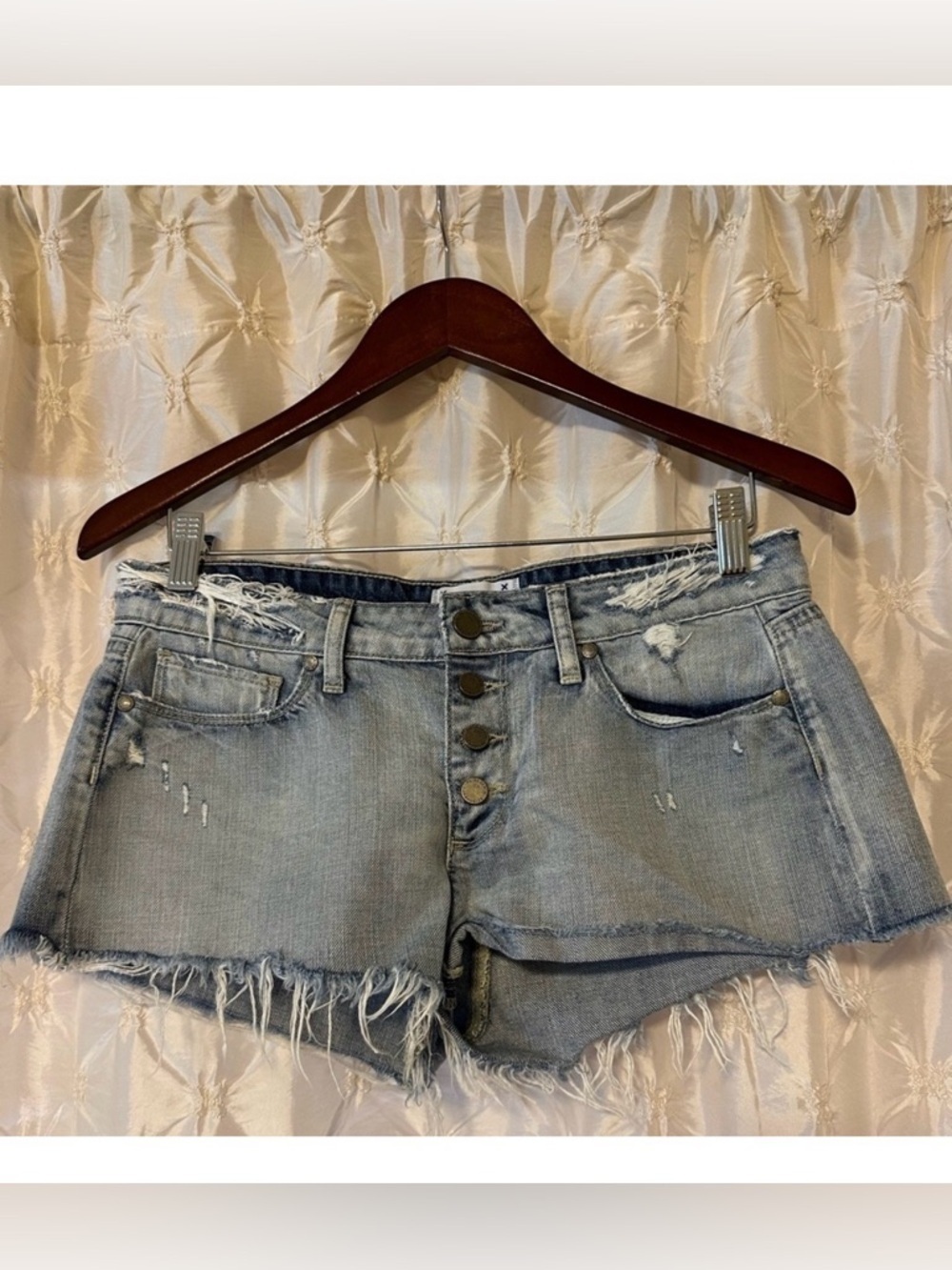 PAIGE Distressed Cut Off Jean Shorts Light Wash Button Fly
